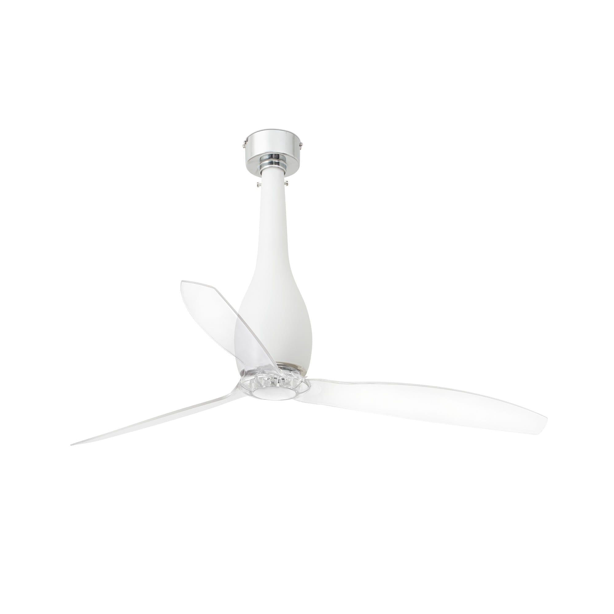 Ventilador de techo ETERFAN M blanco mate FARO 32001WW con motor DC, 6 velocidades, control remoto y aspas transparentes, ideal para ventilación sin luz en el hogar durante el verano