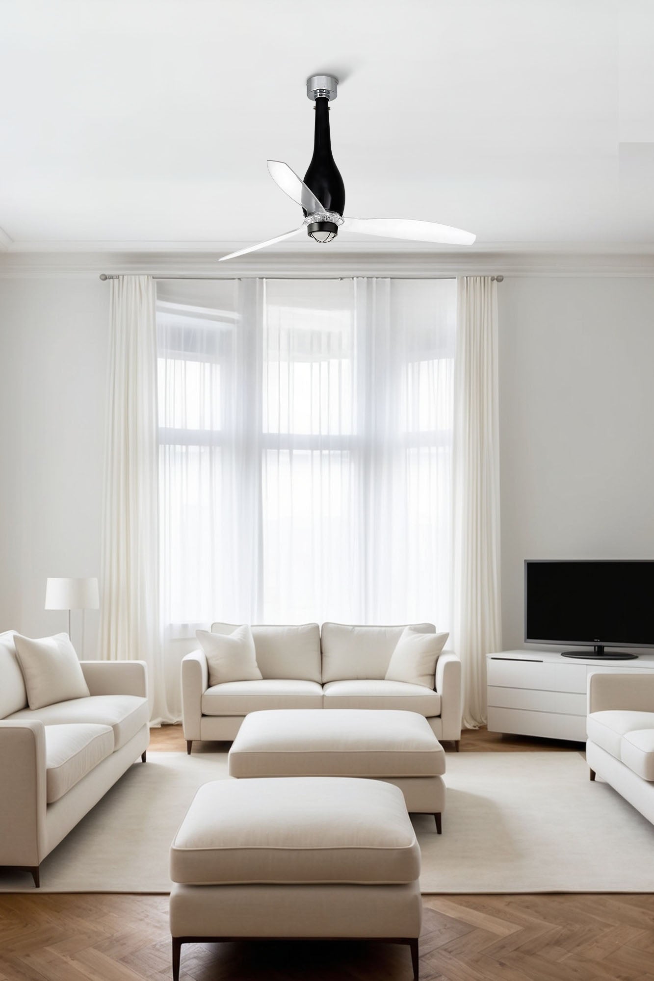 Ventilador de techo con luz LED ETERFAN M negro brillo WIZ FARO 32002WW-10 en ambiente hogareño inteligente, con mando a distancia, motor DC, función inversa y ventilación eficiente