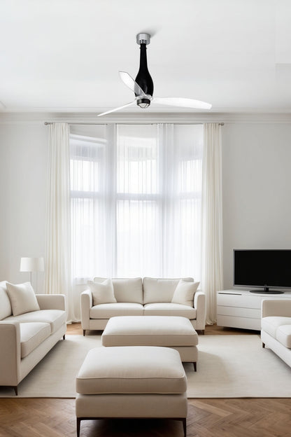 Ventilador de techo con luz LED ETERFAN M negro brillo WIZ FARO 32002WW-10 en ambiente hogareño inteligente, con mando a distancia, motor DC, función inversa y ventilación eficiente
