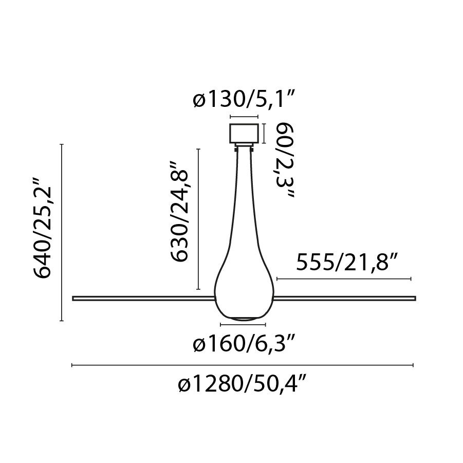 Diagrama de medidas del ventilador con luz ETERFAN M LED Negro Brillo WIZ FARO 32002WW-10, dimensiones en cm para ventilación hogar inteligente con motor DC, función inversa y mando a distancia