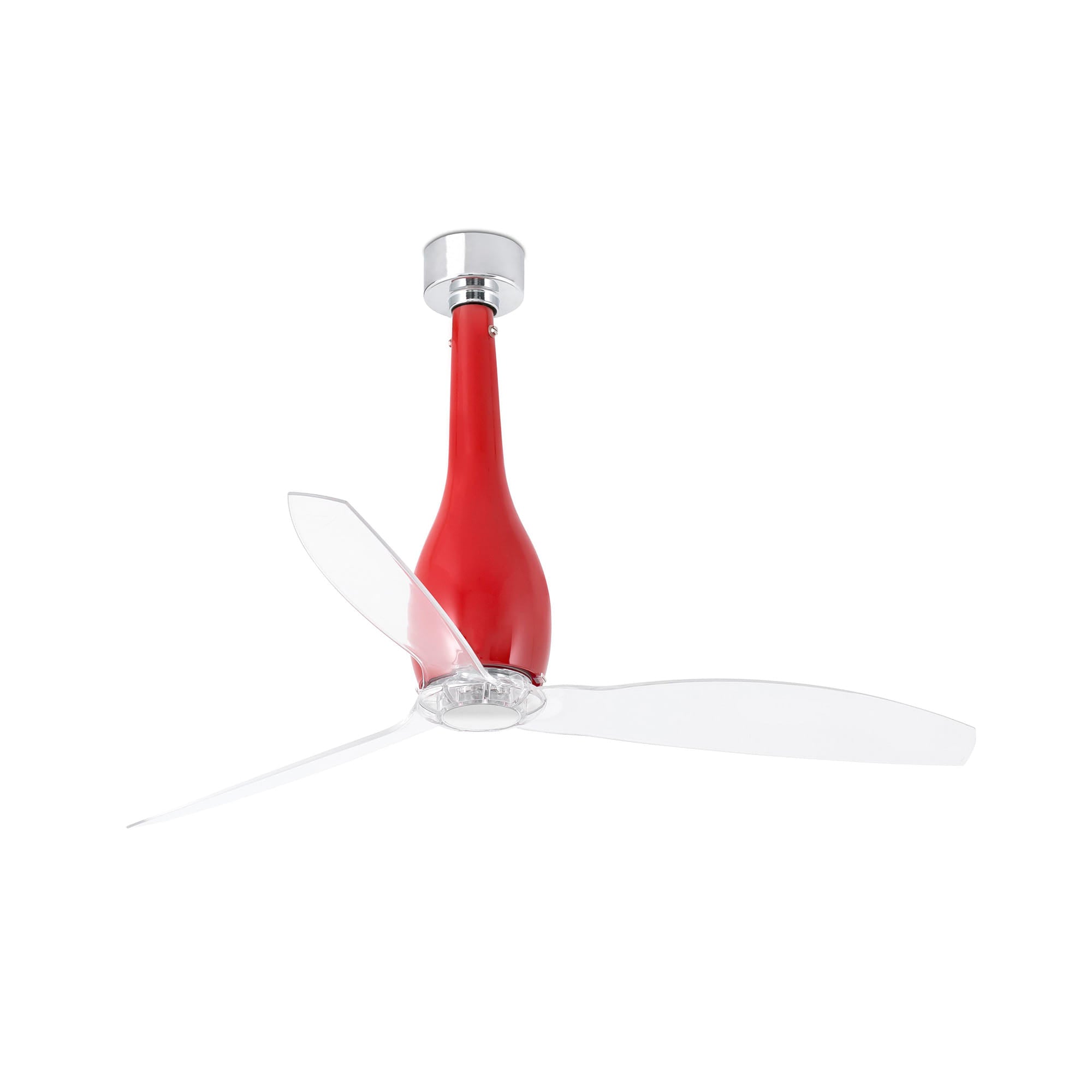 Ventilador de techo ETERFAN M en rojo brillo de FARO modelo 32005, diseño moderno industrial sin luz integrada, aspas transparentes, motor DC eficiente con mando a distancia y función inversa para ventilación óptima en interiores.