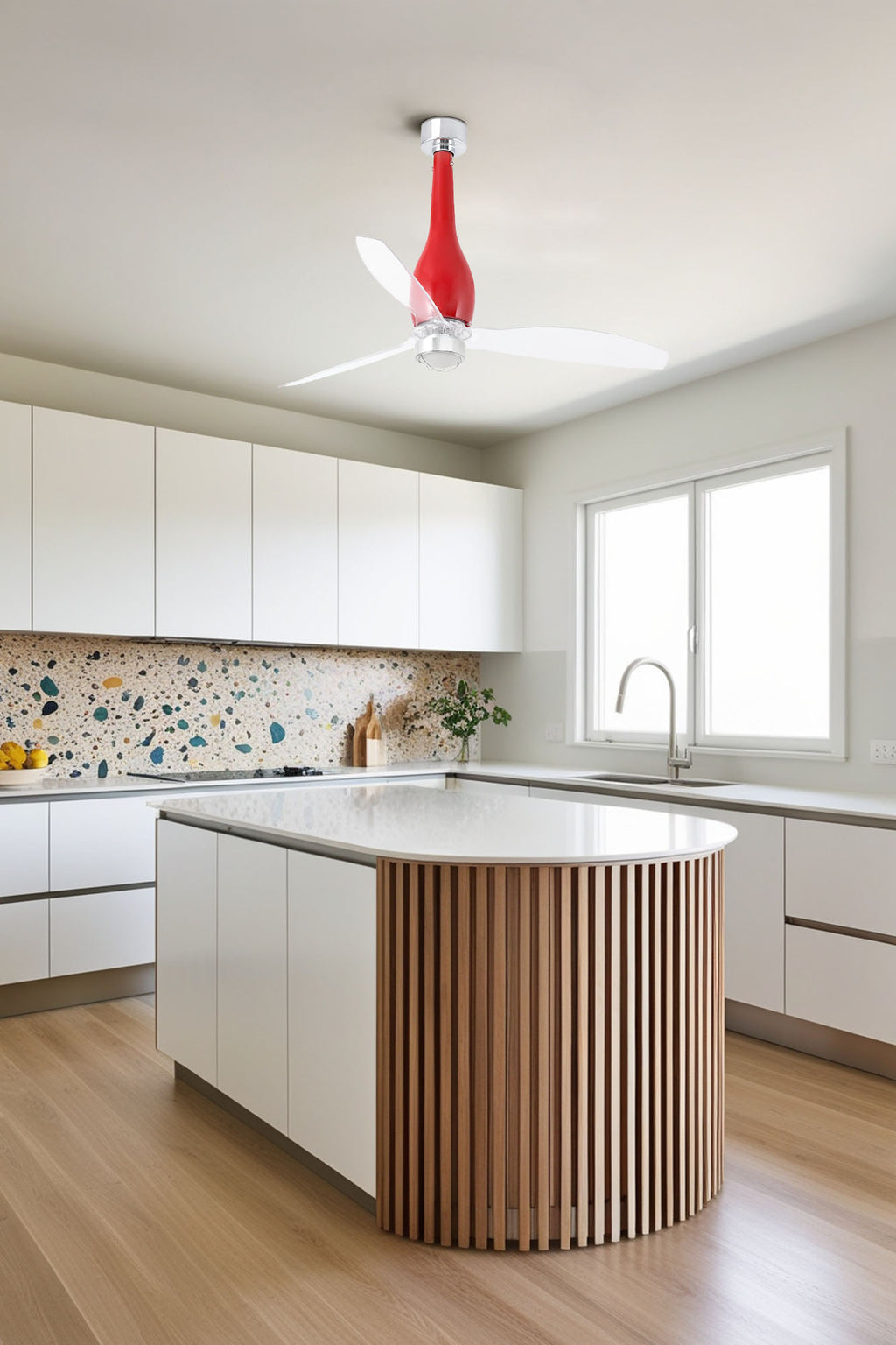 Imagen de ambiente del ventilador de techo LED ETERFAN M rojo brillo de FARO, modelo 32005WW-9, con motor DC, iluminación integrada, mando a distancia y ventilación transparente en hogar moderno