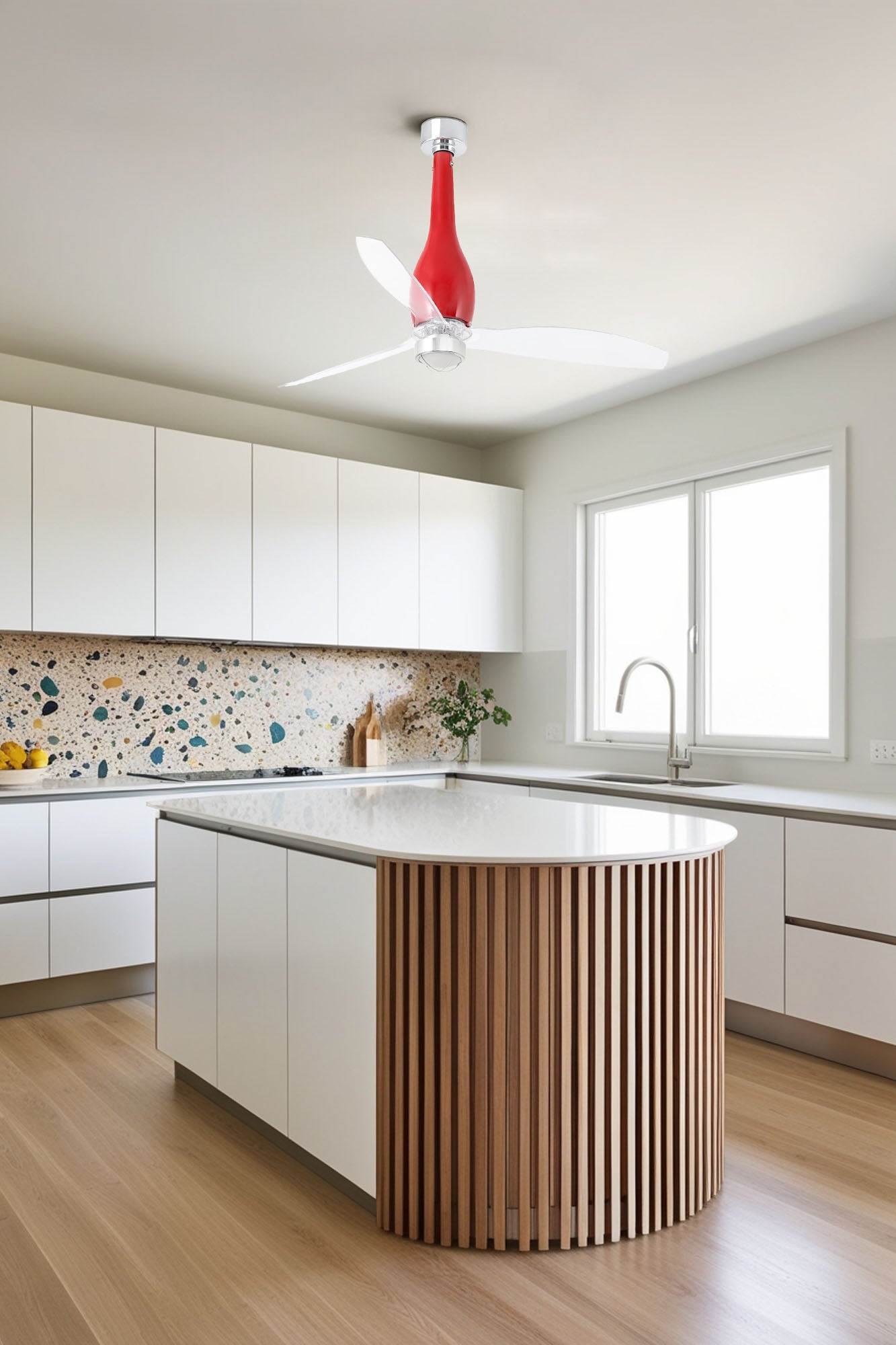 Imagen de ambiente del ventilador de techo LED ETERFAN M rojo brillo de FARO, modelo 32005WW-9, con motor DC, iluminación integrada, mando a distancia y ventilación transparente en hogar moderno