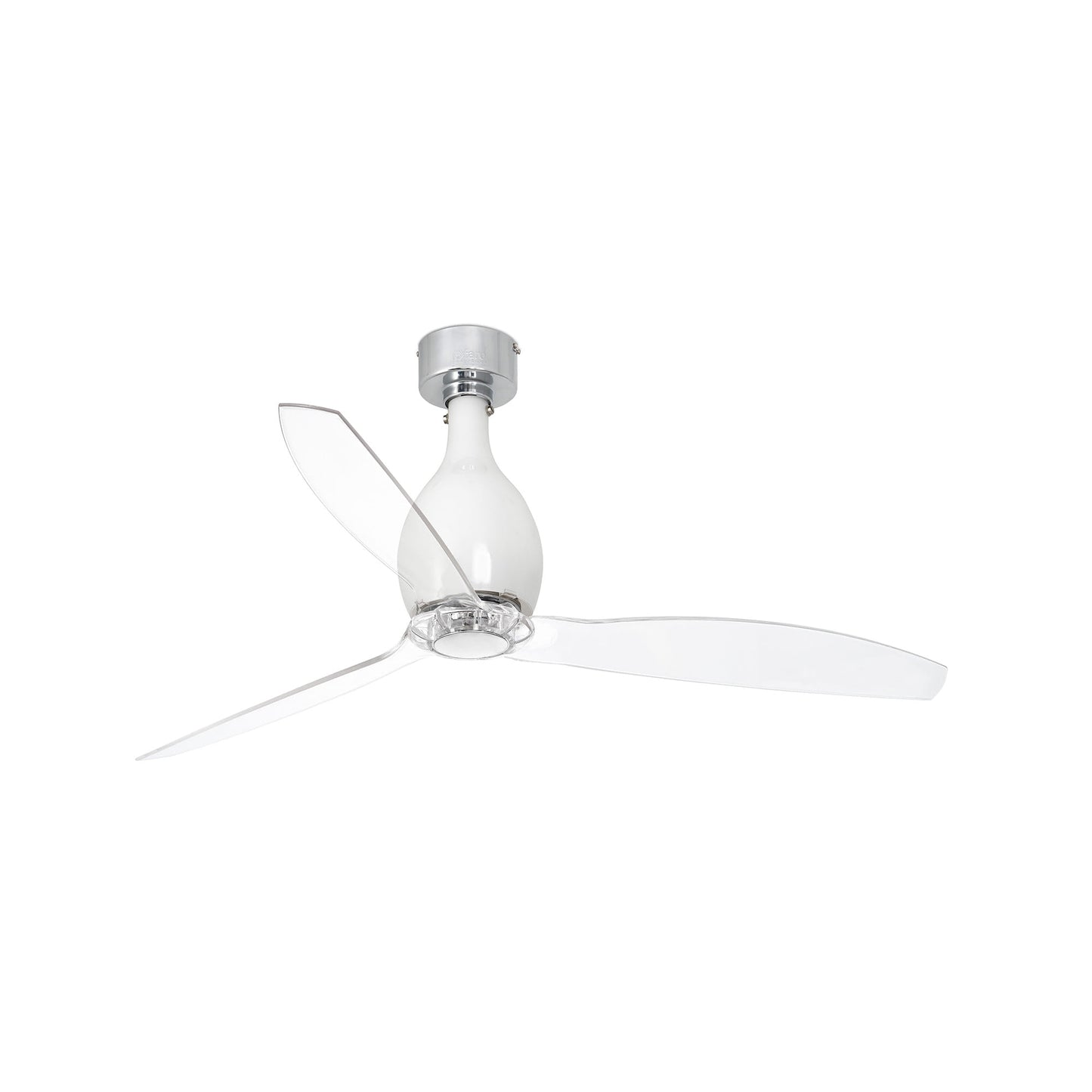 Ventilador de techo MINI ETERFAN M FARO blanco brillo con aspas transparentes, modelo 32020WW, reversible motor DC, mando a distancia para ventilación hogar