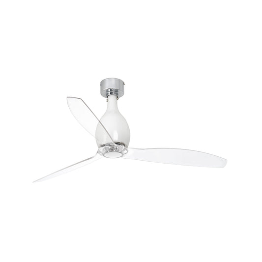 Ventilador de techo MINI ETERFAN M FARO blanco brillo con aspas transparentes, modelo 32020WW, reversible motor DC, mando a distancia para ventilación hogar