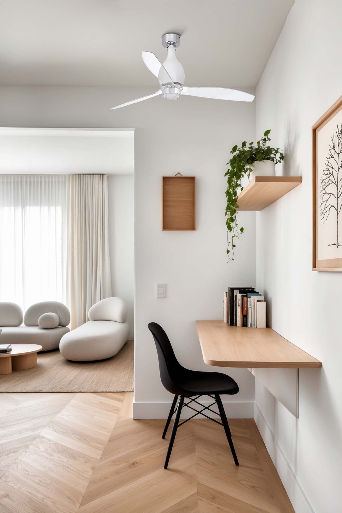 Ventilador de techo con luz LED integrado Mini Eterfan M en blanco mate, modelo FARO 32025WW-9, en ambiente de hogar moderno con ventilación eficiente, motor DC, 6 velocidades y función inversa.