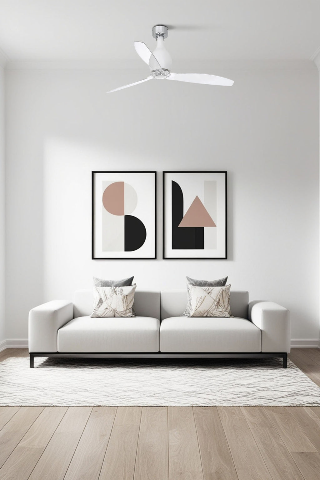 Ventilador de techo MINI ETERFAN M WIZ Blanco Mate de FARO en dormitorio moderno, motor DC de bajo consumo, aspas transparentes, ventilación sin luz para hogar. Modelo 32025WW.