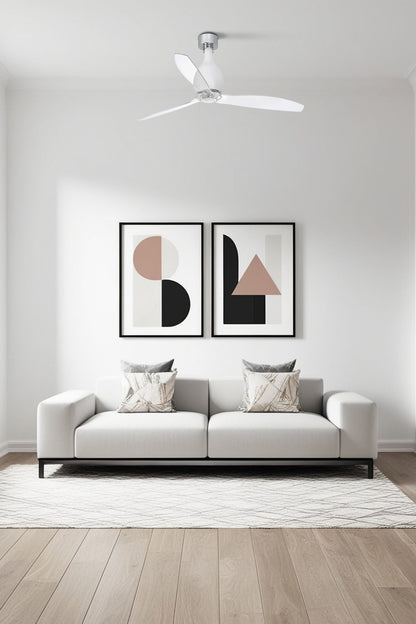 Ventilador de techo MINI ETERFAN M WIZ Blanco Mate de FARO en dormitorio moderno, motor DC de bajo consumo, aspas transparentes, ventilación sin luz para hogar. Modelo 32025WW.