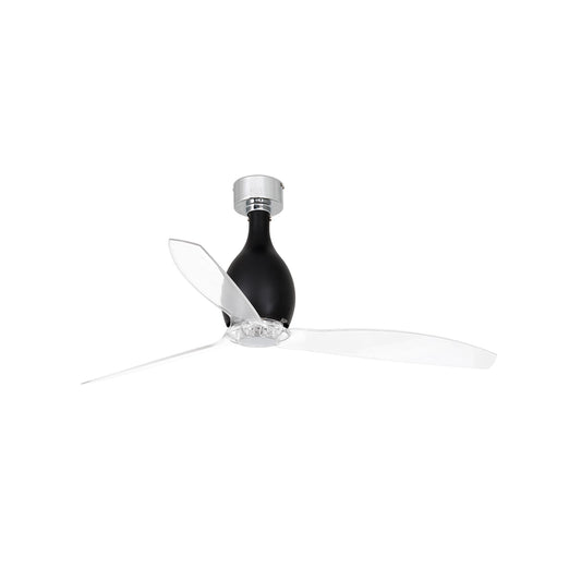 Ventilador de techo MINI ETERFAN M negro brillante con aspas transparentes de FARO modelo 32026, ventilación eficiente sin luz integrada, motor DC reversible para verano e invierno, control por mando a distancia
