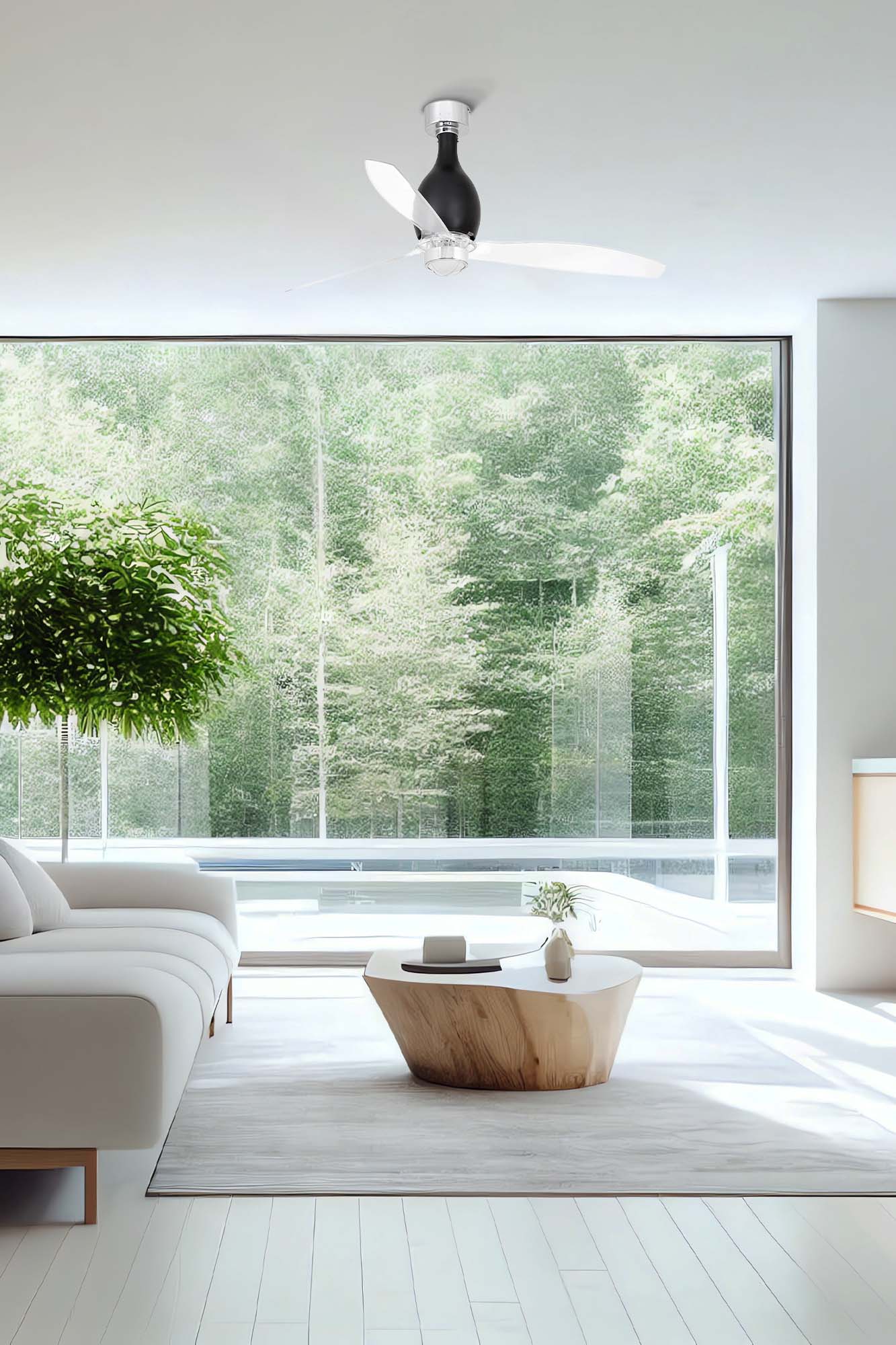 Ventilador con luz LED MINI ETERFAN M negro brillo en ambiente techo, modelo FARO 32026WW-10 con motor DC, control remoto Wiz y ventilación transparente