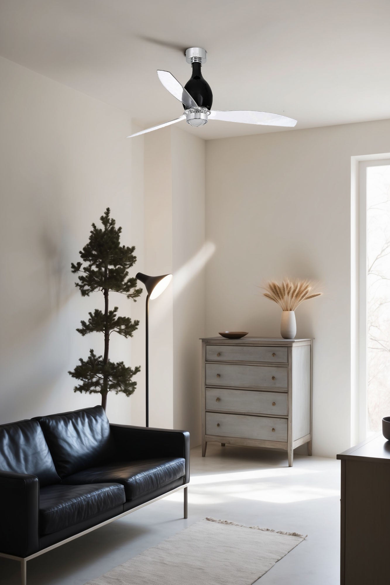 Ventilador con luz LED Mini Eterfan M negro mate en ambiente de techo moderno, FARO 32027WW-10, ventilación eficiente con motor DC y 6 velocidades, diseño transparente elegante