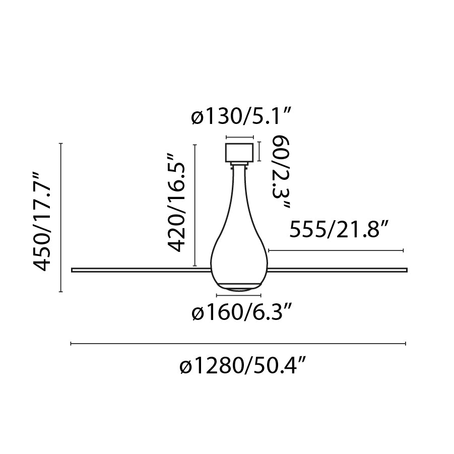 Diagrama de medidas y dimensiones del ventilador de techo LED MINI ETERFAN M en negro mate de FARO (modelo 32028WW-10), con motor DC, luz LED integrada, mando a distancia y diseño moderno para ventilación óptima.