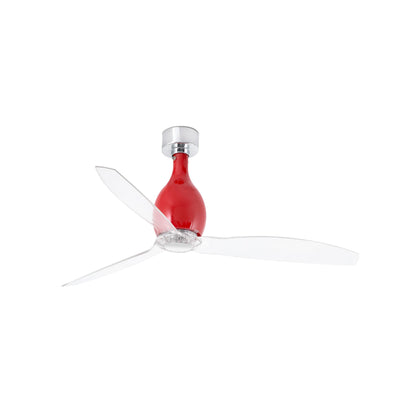 Ventilador de techo MINI ETERFAN M rojo brillo de FARO modelo 32029, diseño compacto en acero y cristal con PC transparente para espacios pequeños, incluye mando a distancia y función inversa para ventilación eficiente.