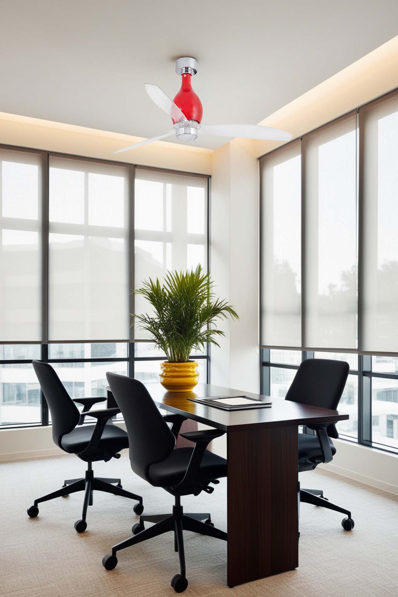 Ventilador de techo con luz LED Mini Eterfan M rojo FARO 32029WW-9 en ambiente hogareño, ventilación con motor DC de 6 velocidades e iluminación cálida.