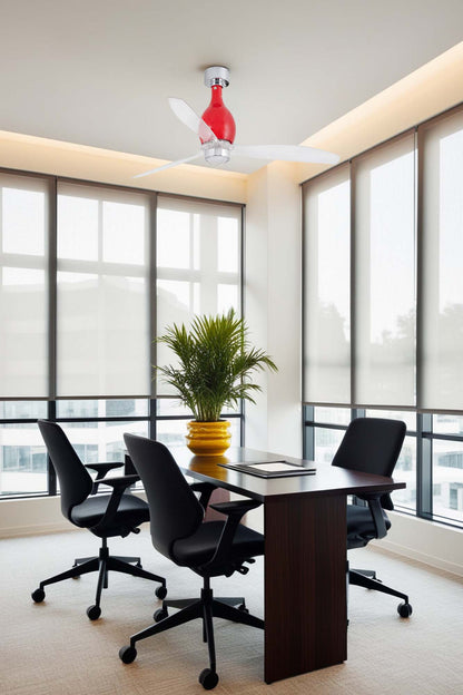 Ventilador de techo con luz LED Mini Eterfan M rojo FARO 32029WW-9 en ambiente hogareño, ventilación con motor DC de 6 velocidades e iluminación cálida.