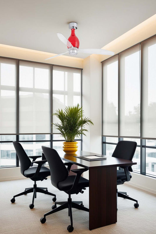 Ventilador de techo con luz LED Mini Eterfan M rojo FARO 32029WW-9 en ambiente hogareño, ventilación con motor DC de 6 velocidades e iluminación cálida.