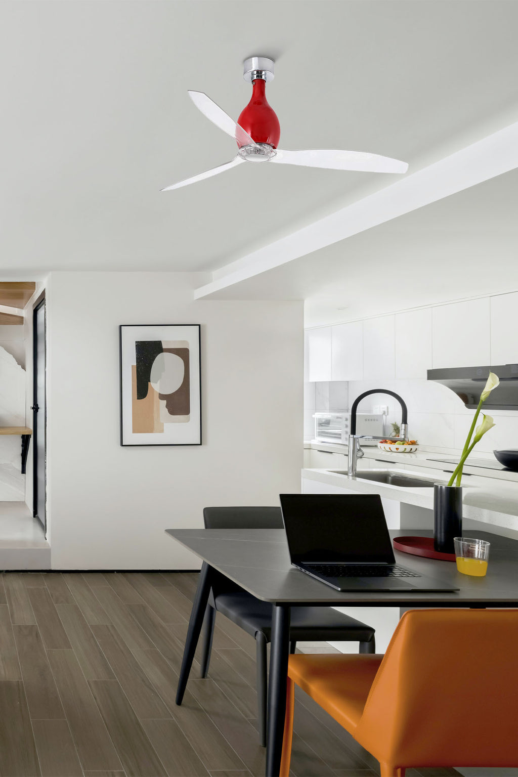 Ventilador de techo MINI ETERFAN M rojo brillo FARO 32029WW en ambiente hogar moderno, motor DC silencioso, 6 velocidades, mando a distancia, ventilación sin luz para oficina y casa