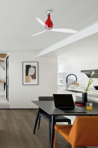 Ventilador de techo MINI ETERFAN M rojo brillo FARO 32029WW en ambiente hogar moderno, motor DC silencioso, 6 velocidades, mando a distancia, ventilación sin luz para oficina y casa