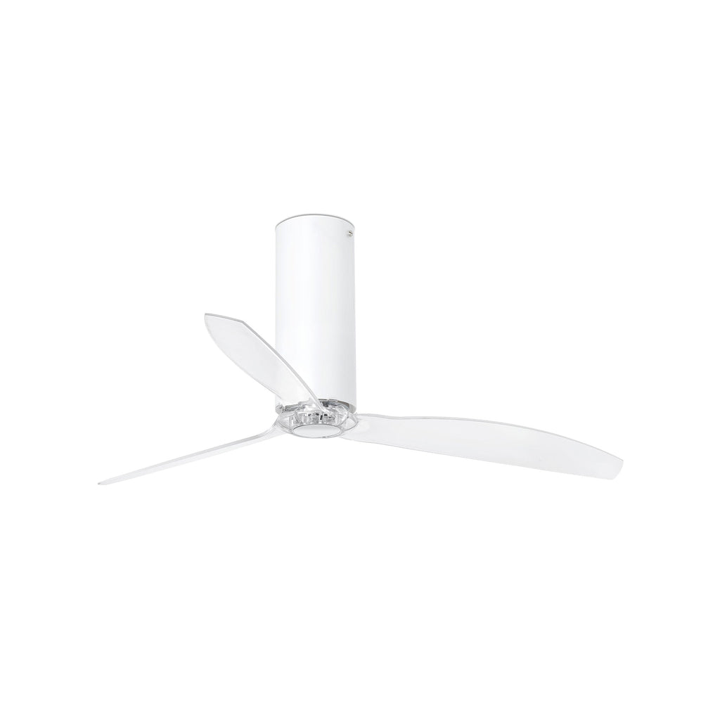 Ventilador de techo Tube Fan M blanco brillo modelo 32033 de FARO, diseño moderno sin luz con motor DC eficiente, aspas transparentes, función inversa para ventilación doméstica en la colección 3338