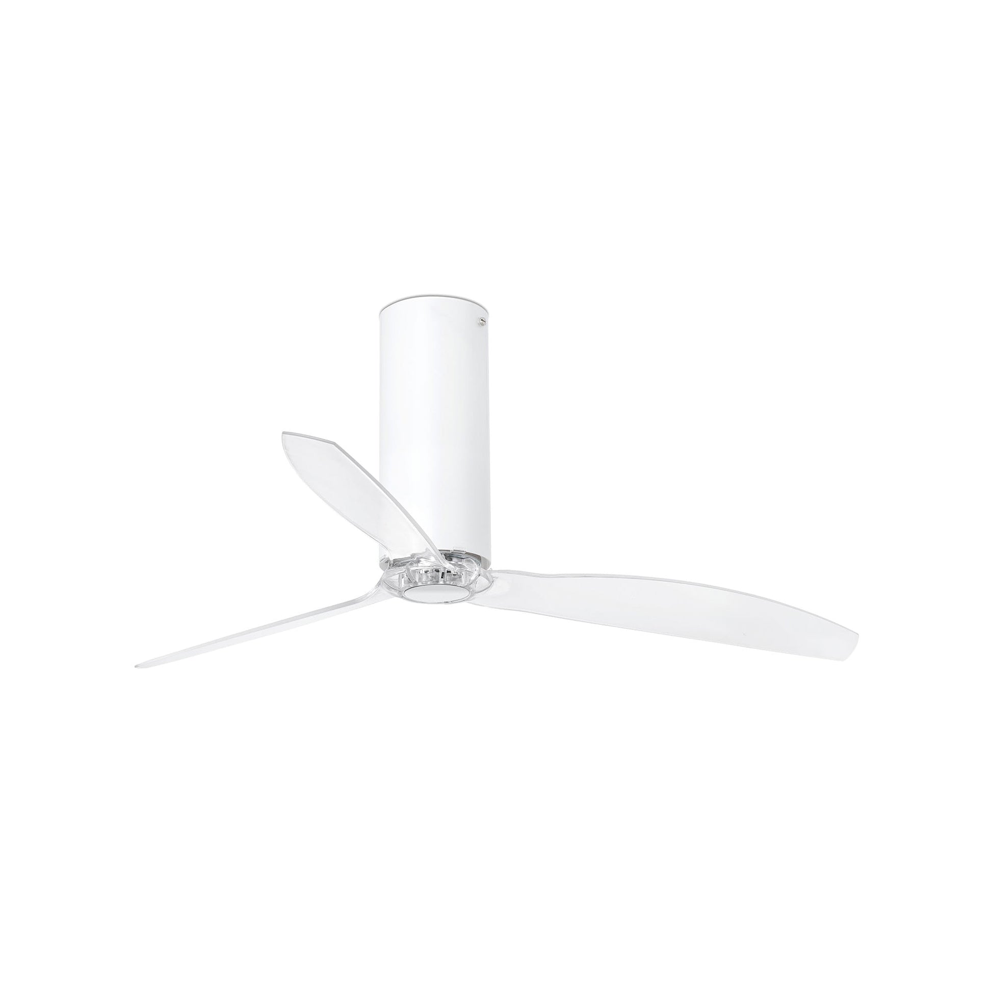 Ventilador de techo Tube Fan M blanco brillo modelo 32033 de FARO, diseño moderno sin luz con motor DC eficiente, aspas transparentes, función inversa para ventilación doméstica en la colección 3338
