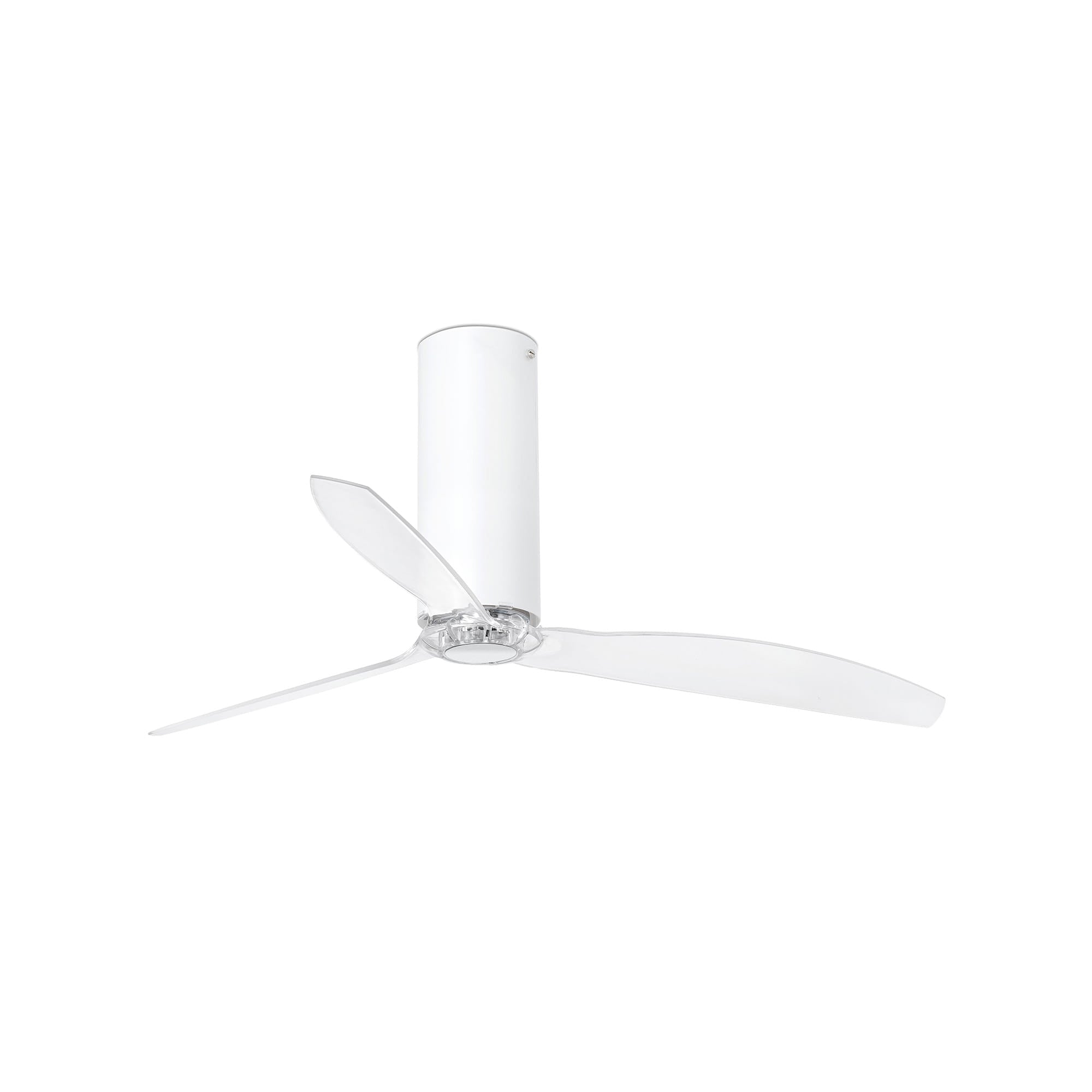 Ventilador de techo Tube Fan M blanco brillo modelo 32033 de FARO, diseño moderno sin luz con motor DC eficiente, aspas transparentes, función inversa para ventilación doméstica en la colección 3338