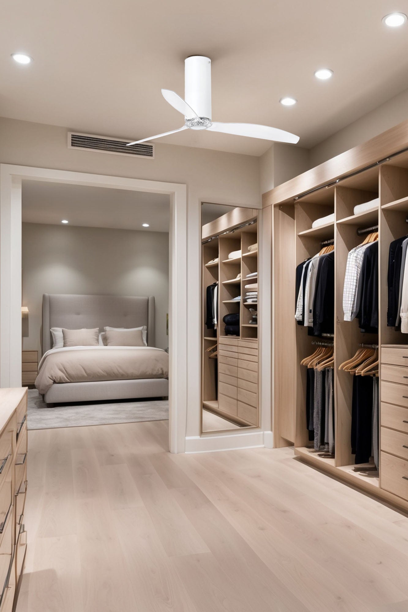 Ventilador de techo TUBE FAN M WIZ en blanco mate de FARO (modelo 32034WW) instalado en ambiente de salón moderno, con motor DC inverter, función reversible, ventilación sin luz y mando a distancia incluido.