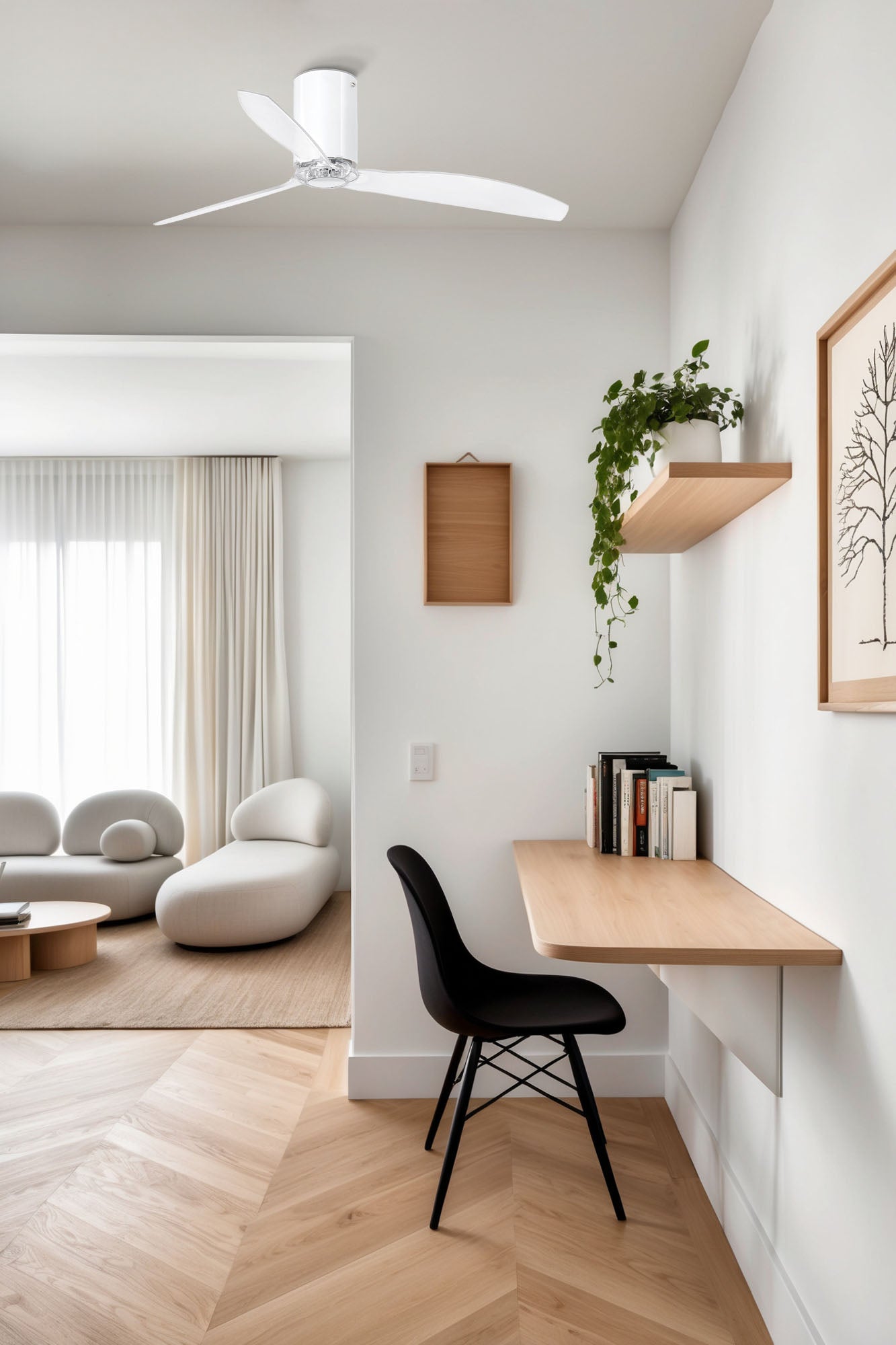 Ventilador de techo MINI TUBE FAN M de FARO modelo 32038 en blanco brillo y aspas transparentes, imagen ambiente en habitación mediana con ventilación eficiente, motor DC sin luz integrada y función inversa para flujo de aire óptimo.