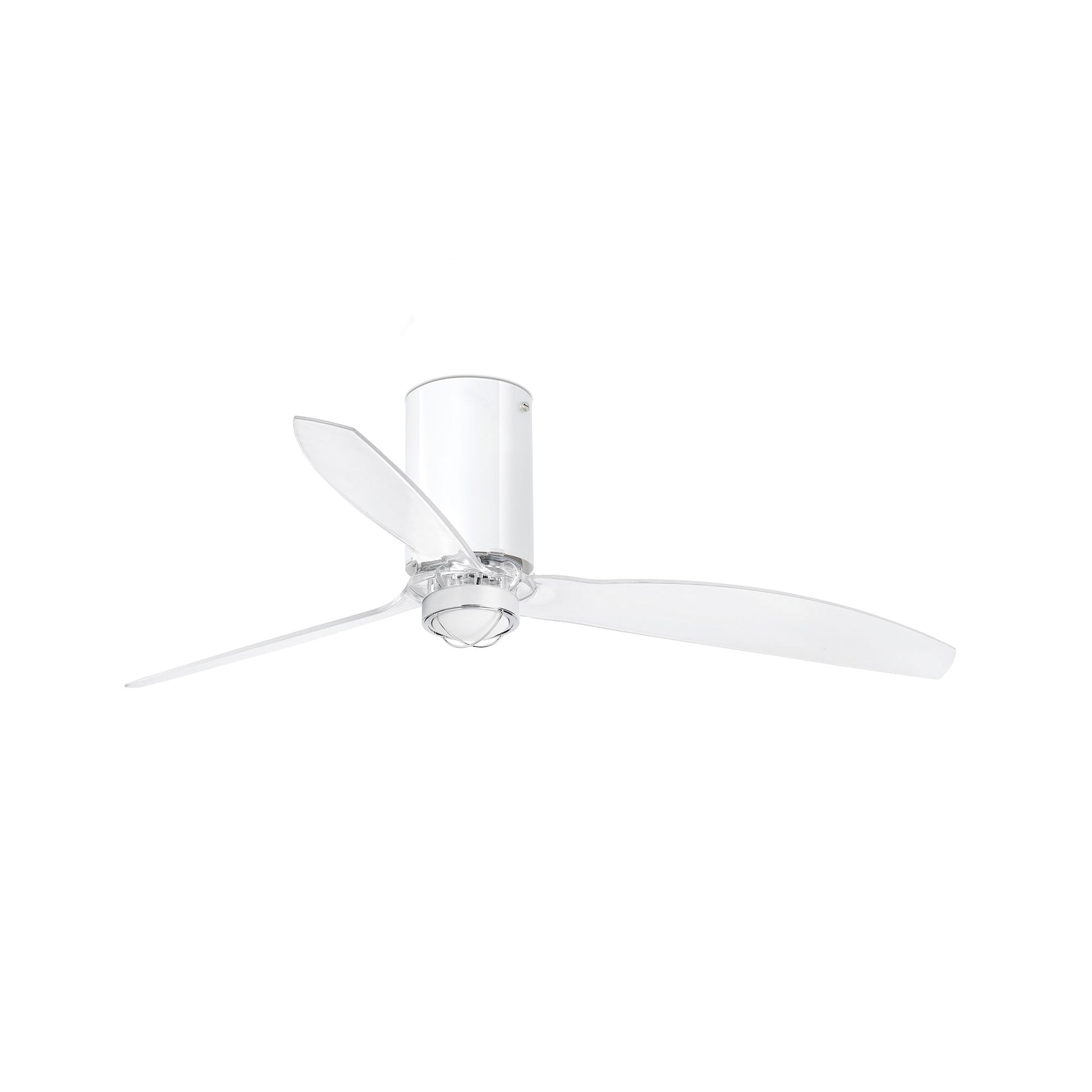 Ventilador de techo LED Mini Tube Fan M blanco FARO 32038WW-9 con luz integrada 3000K, cristal transparente, 6 velocidades y mando a distancia para ventilación eficiente