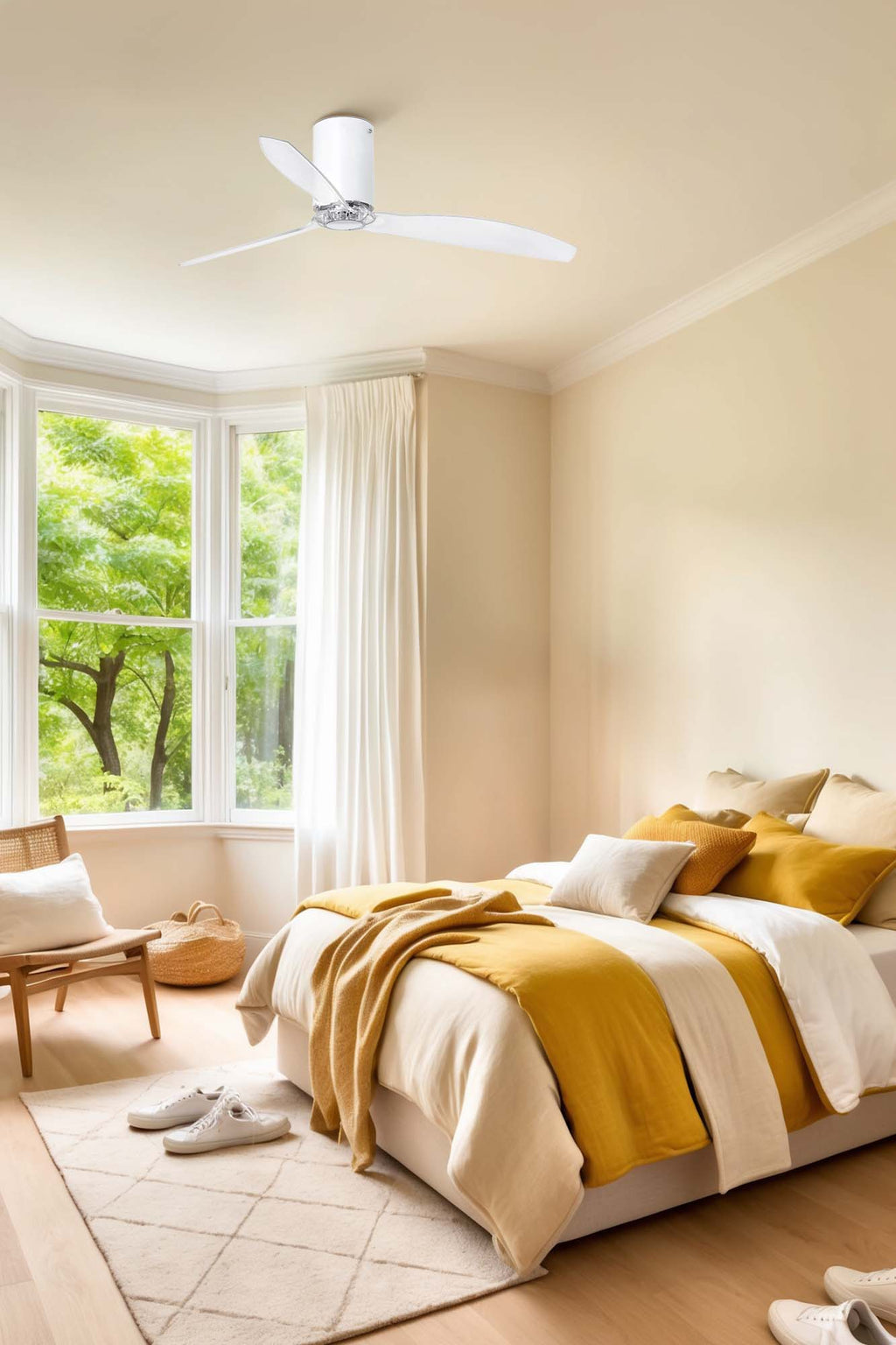 Ventilador de techo MINI TUBE FAN M blanco mate de FARO (modelo 32039) en ambiente de habitación mediana, con diseño tubular minimalista, motor DC eficiente, mando a distancia y función inversa para ventilación óptima sin luz integrada.