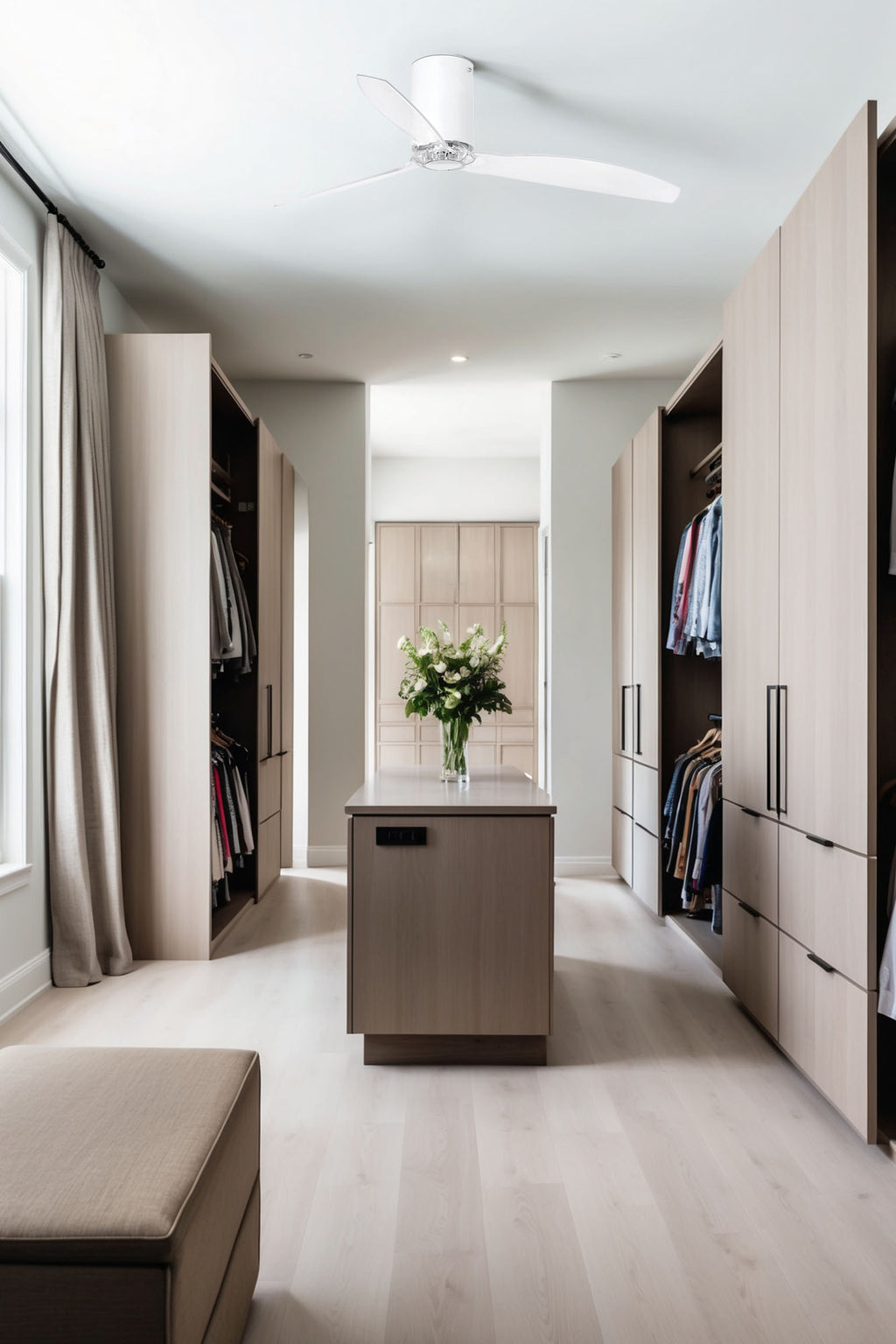 Ventilador de techo MINI TUBE FAN M WIZ blanco mate de FARO (modelo 32039WW) en ambiente hogareño, diseño transparente silencioso con motor DC, 6 velocidades y ventilación eficiente sin luz