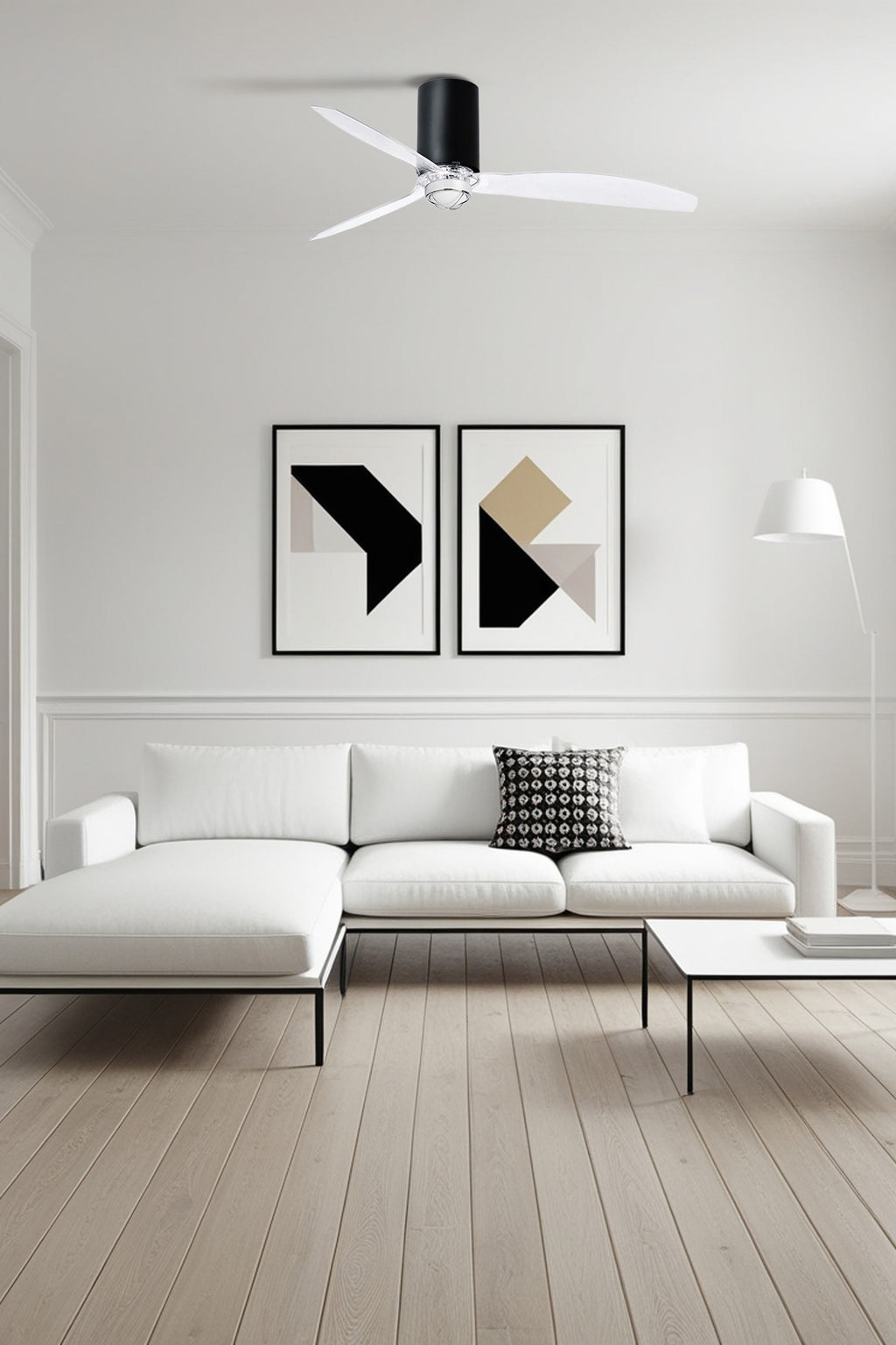 Ventilador con luz LED negro mate MINI TUBE FAN M de FARO en ambiente de techo moderno, ventilación silenciosa con motor DC, control remoto e iluminación integrada 3000K cálida.