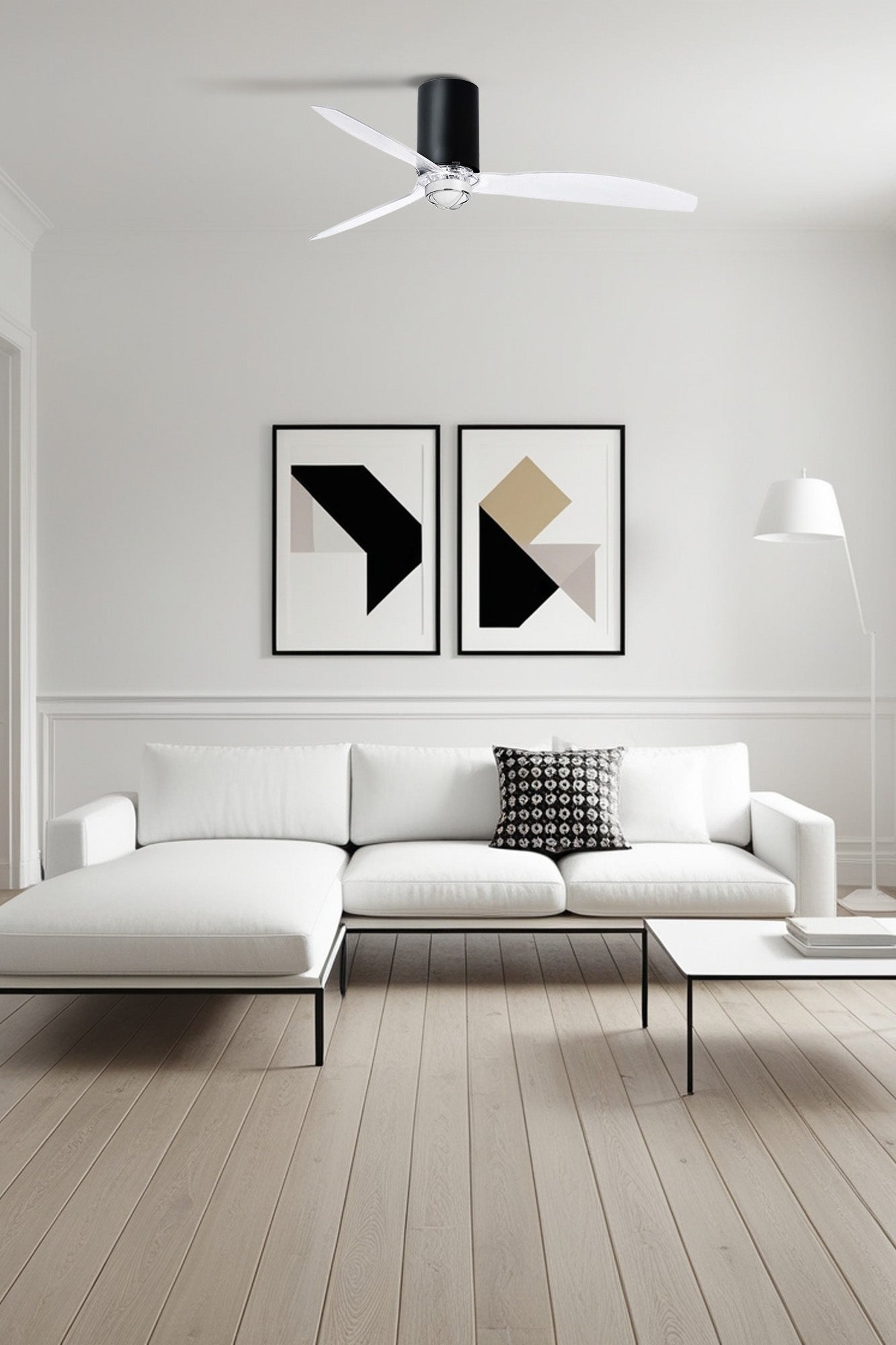 Ventilador con luz LED negro mate MINI TUBE FAN M de FARO en ambiente de techo moderno, ventilación silenciosa con motor DC, control remoto e iluminación integrada 3000K cálida.