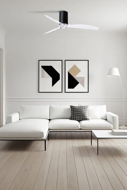 Ventilador con luz LED negro mate MINI TUBE FAN M de FARO en ambiente de techo moderno, ventilación silenciosa con motor DC, control remoto e iluminación integrada 3000K cálida.