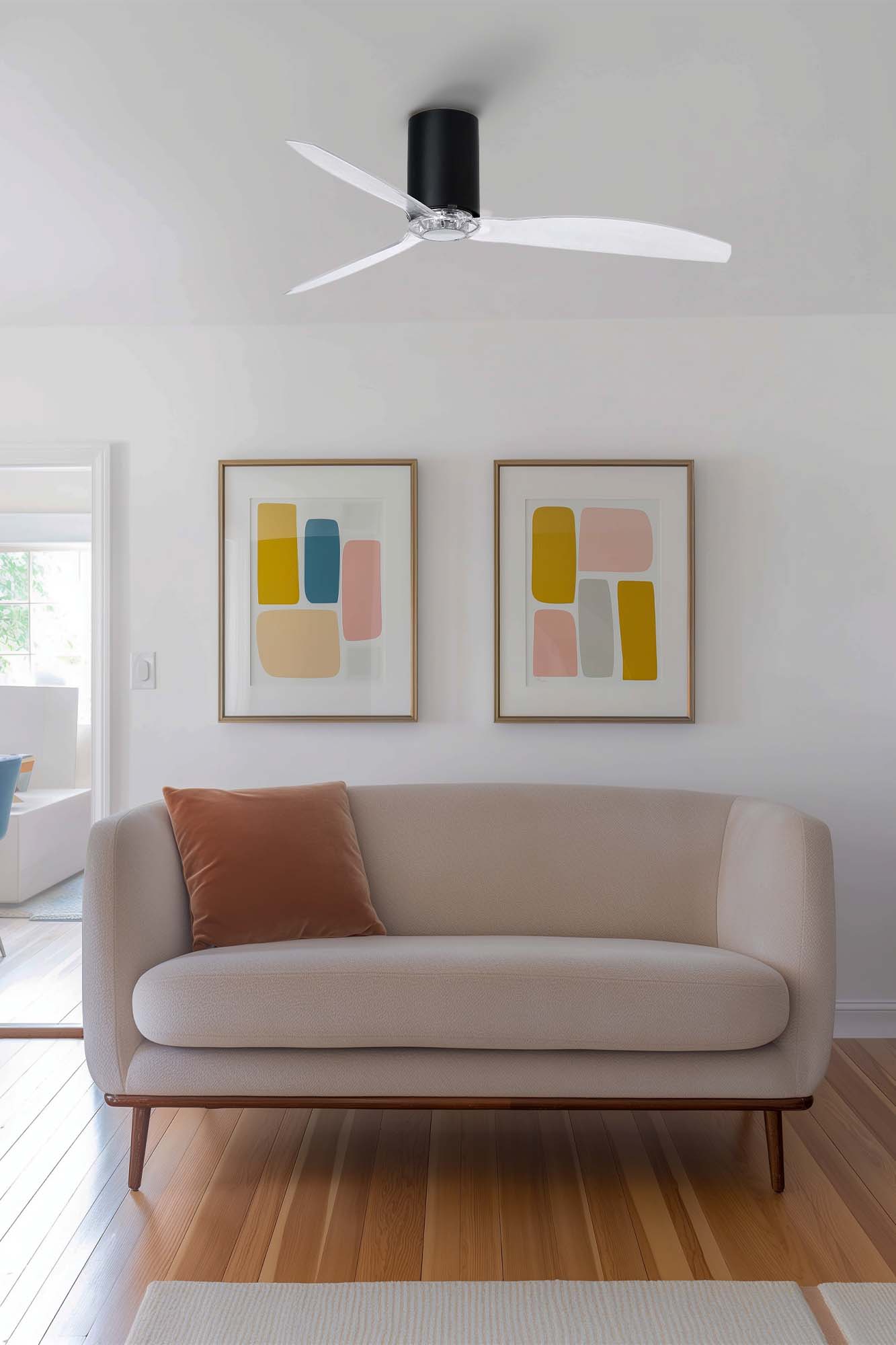 Ventilador de techo Mini Tube Fan M WIZ negro mate FARO 32041WW en ambiente interior, con motor DC silencioso, 6 velocidades, mando a distancia y ventilación transparente eficiente