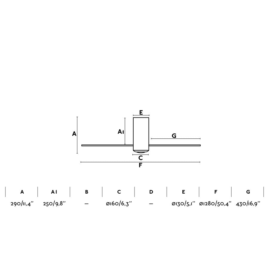 Medidas del ventilador de techo MINI TUBE FAN M negro mate FARO 32043: diámetro 107 cm, altura 26 cm, ideal para habitaciones de 13-17 m² con motor DC, mando a distancia y función inversa para ventilación eficiente sin luz.