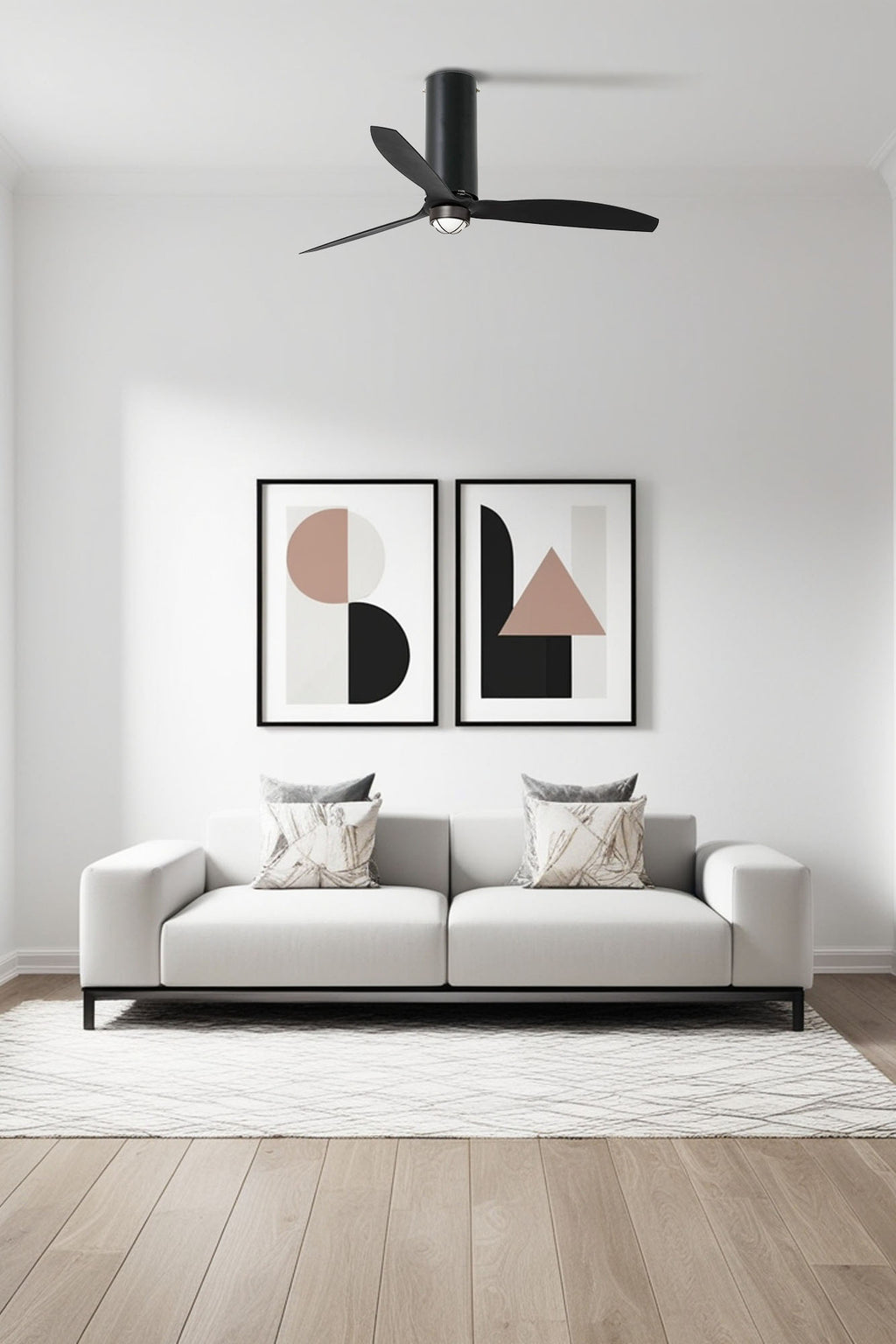 Ventilador de techo LED TUBE FAN M WIZ negro mate de FARO (32060WW-10) en ambiente hogareño, con luz integrada, motor DC y mando a distancia para ventilación eficiente