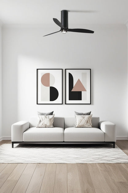 Ventilador de techo LED TUBE FAN M WIZ negro mate de FARO (32060WW-10) en ambiente hogareño, con luz integrada, motor DC y mando a distancia para ventilación eficiente