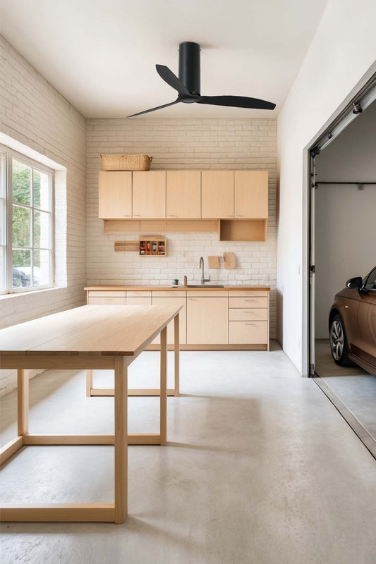 Ventilador de techo Tube Fan M en negro mate FARO modelo 32060WW, serie WIZ con motor DC silencioso y 6 velocidades, en ambiente hogareño tubular para ventilación óptima