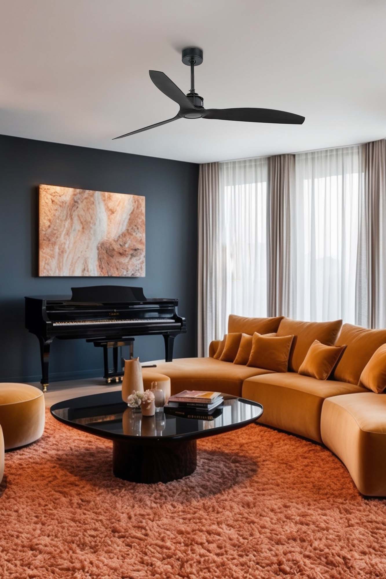 Ventilador de techo JUST FAN M negro mate de FARO modelo 32100WW instalado en ambiente moderno, con motor DC eficiente, mando a distancia, 6 velocidades, función inversa para invierno y apto para techos inclinados, sin luz integrada para ventilación óptima en el hogar