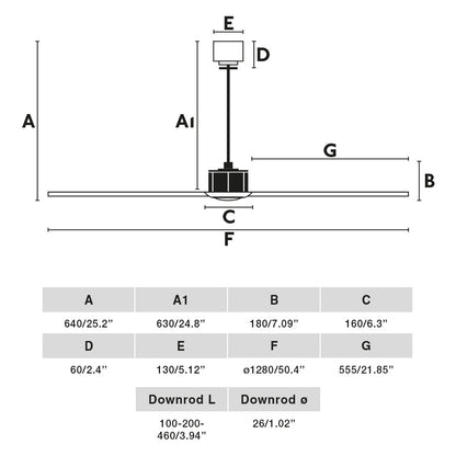 Dimensiones detalladas del ventilador de techo JUST FAN M blanco mate de FARO modelo 32101, con motor DC industrial moderno para techos inclinados, sin luz integrada, diámetro de aspas 132 cm y altura total de 28 cm, ventilación eficiente en estilo minimalista.