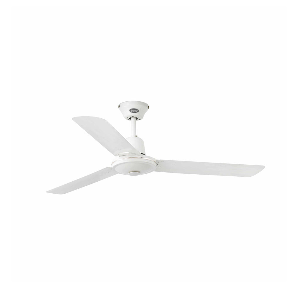 Ventilador de techo ECO INDUS M en blanco de FARO Barcelona, modelo 33005-110 de la colección 1374, fabricado en acero con función inversa para techos inclinados, ideal para ventilación en habitaciones medianas sin luz integrada.