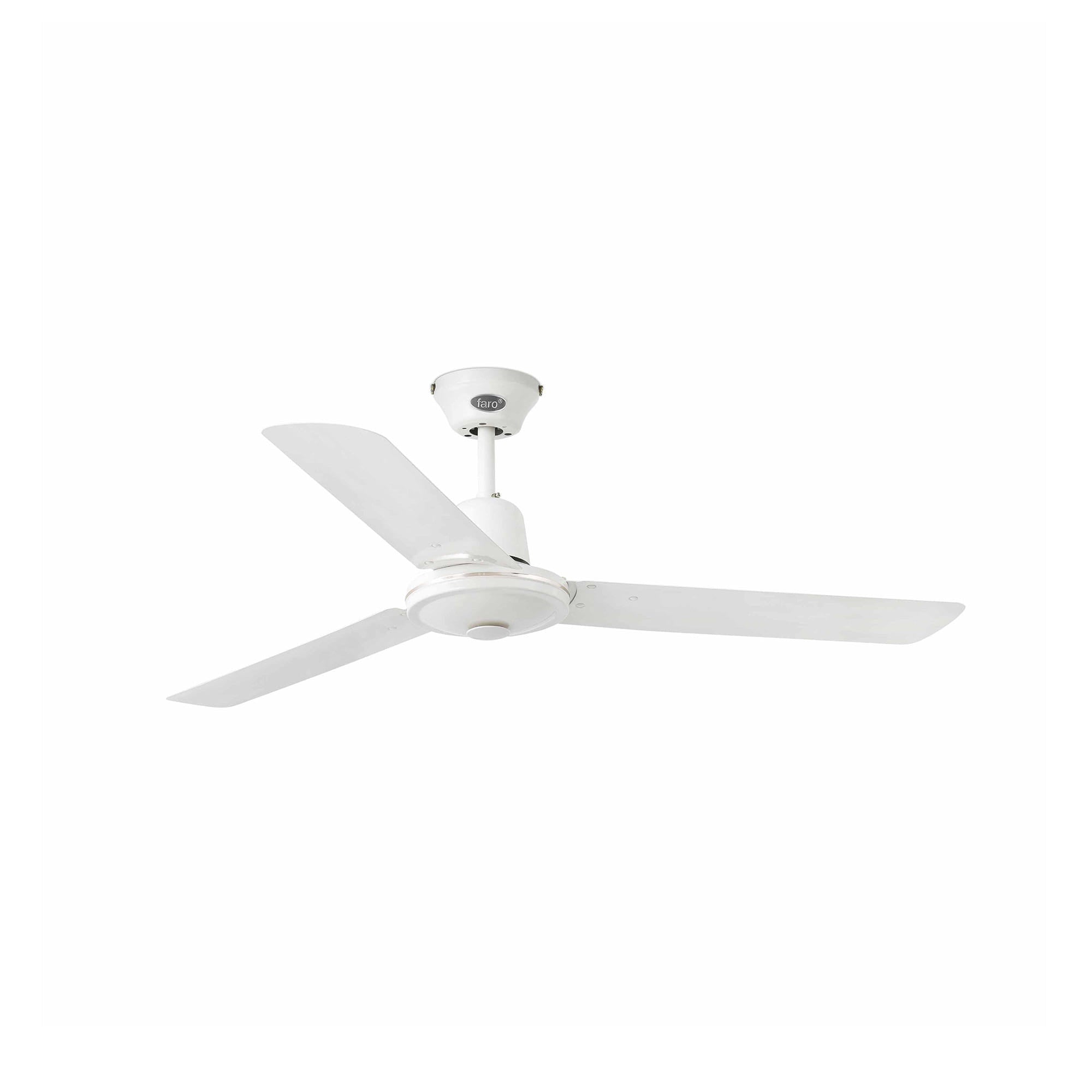 Ventilador de techo ECO INDUS M en blanco de FARO Barcelona, modelo 33005-110 de la colección 1374, fabricado en acero con función inversa para techos inclinados, ideal para ventilación en habitaciones medianas sin luz integrada.