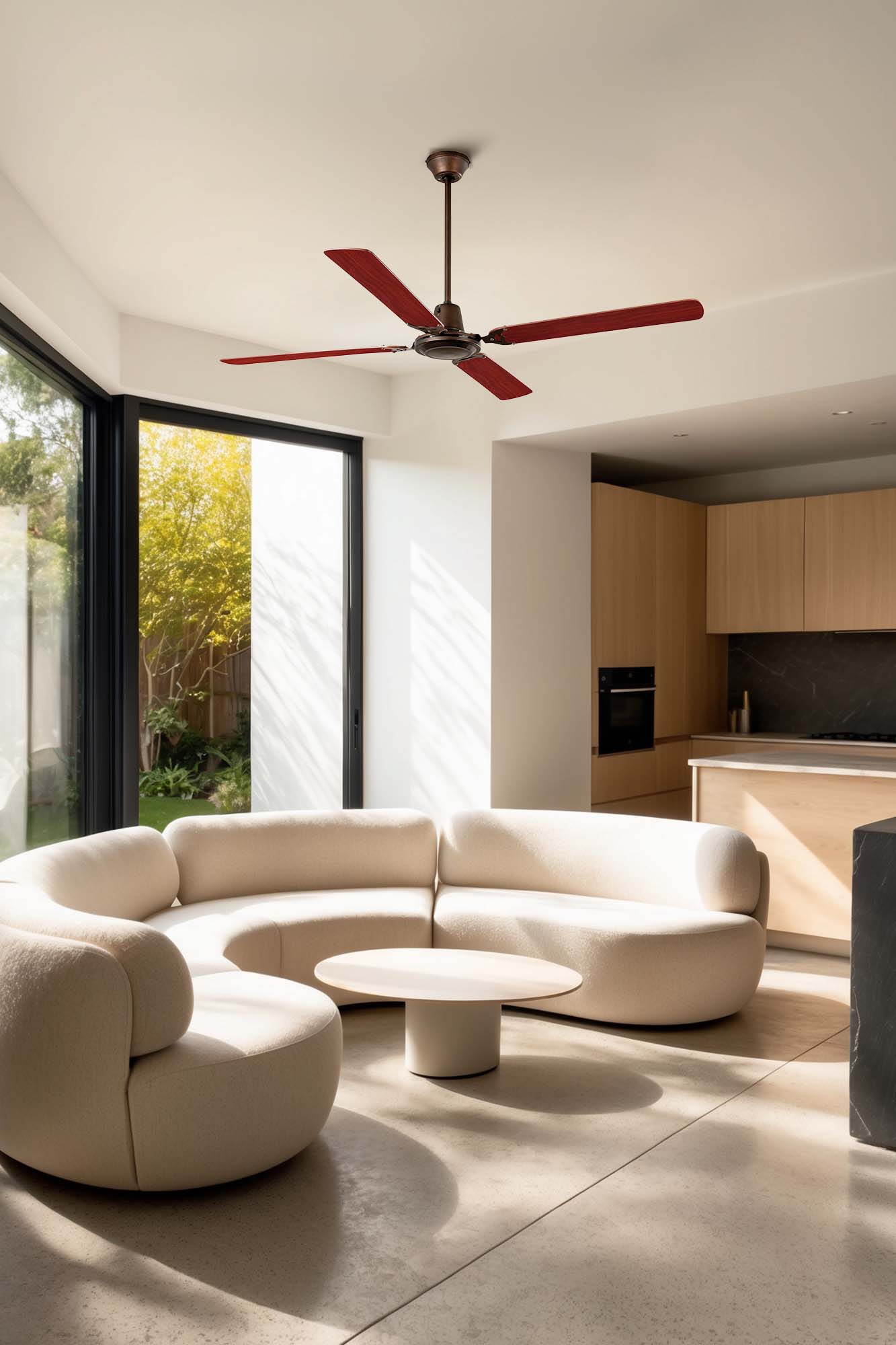 Ventilador de techo Malvinas L en marrón óxido modelo FARO 33111 instalado en ambiente hogareño moderno con techos inclinados, fabricado en caoba, acero y MDF para ventilación eficiente.