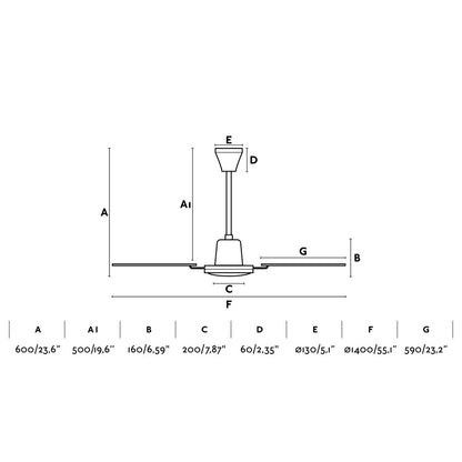 Ventilador de techo Malvinas L Marrón Óxido modelo 33111 de Faro, dimensiones detalladas en cm para instalación en techos inclinados, diseño moderno en caoba, acero y MDF para ventilación eficiente en el hogar.