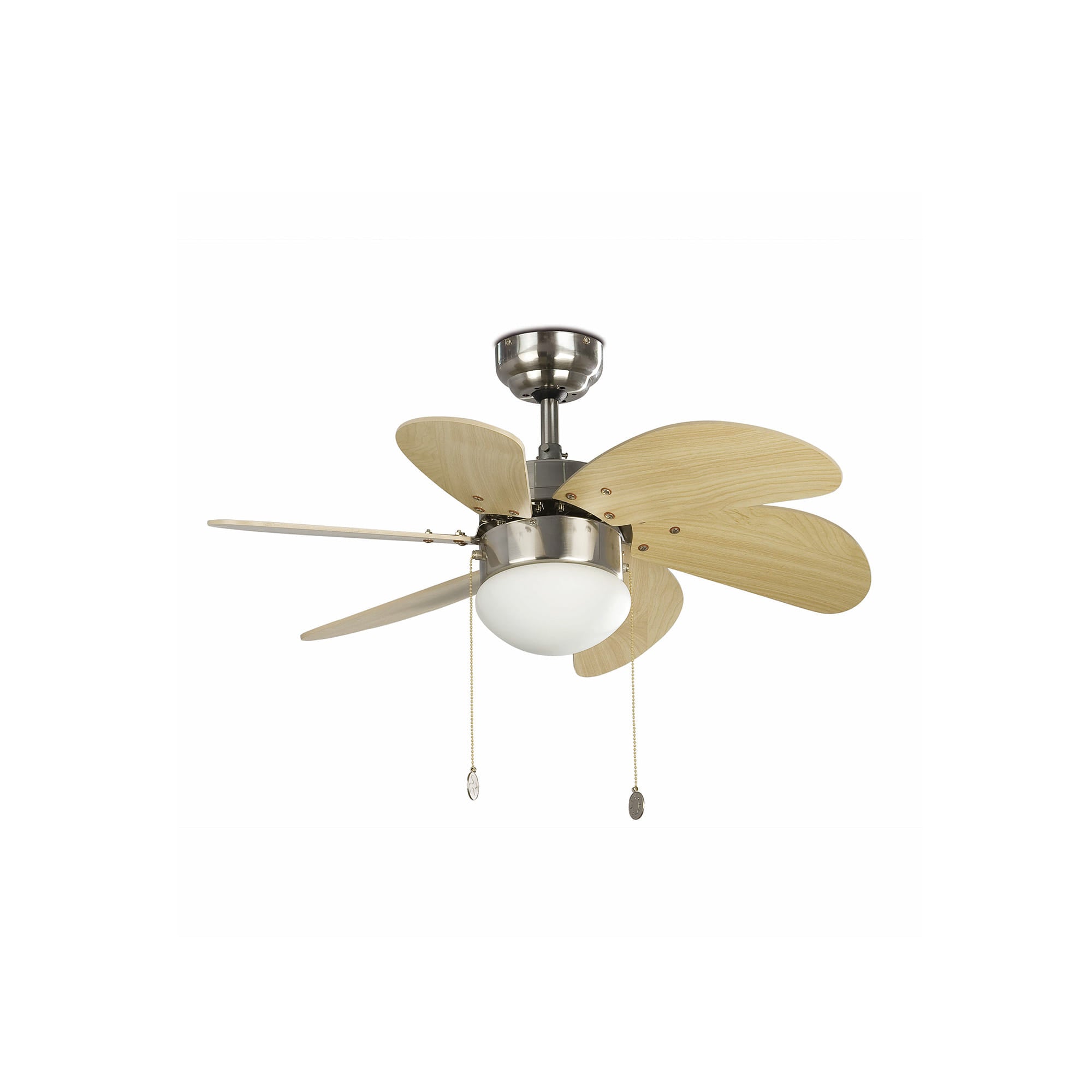 Ventilador de techo con luz PALAO S de FARO en níquel mate y madera de arce, modelo 33183-110, diseño moderno para dormitorios y techos inclinados, ventilación eficiente de la Colección 35