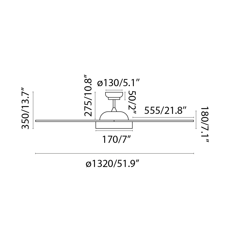 Medidas detalladas del ventilador de techo con luz LED Polaris L Blanco WIZ FARO 33346WW: dimensiones para instalación en hogar, ventilación con airflow alto, mando a distancia y diseño blanco