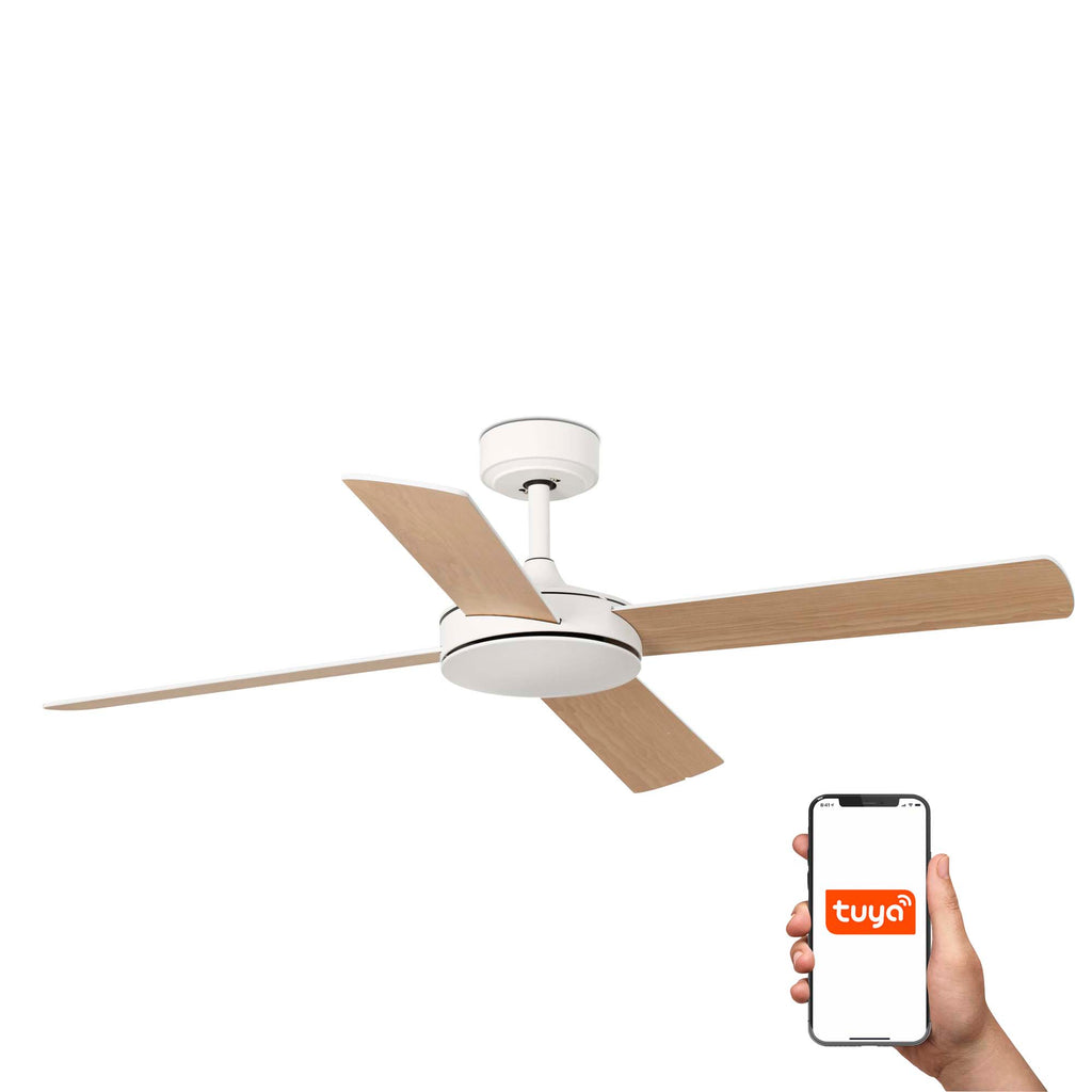 Ventilador de techo MALLORCA L Blanco/Arce TUYA FARO 33350DCWT, motor DC sin luz, palas reversibles, mando a distancia smart serie 11