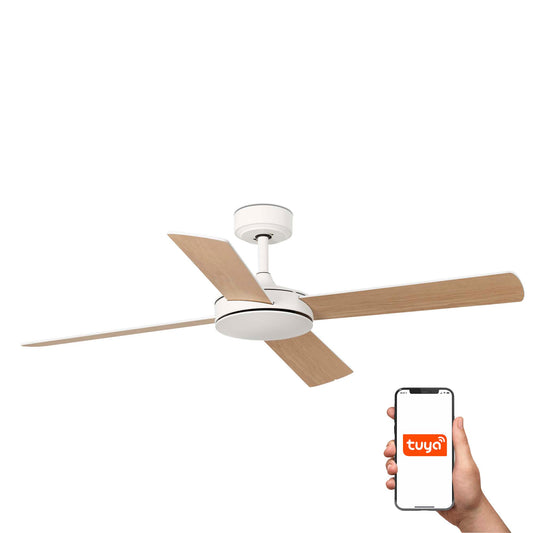 Ventilador de techo MALLORCA L Blanco/Arce TUYA FARO 33350DCWT, motor DC sin luz, palas reversibles, mando a distancia smart serie 11
