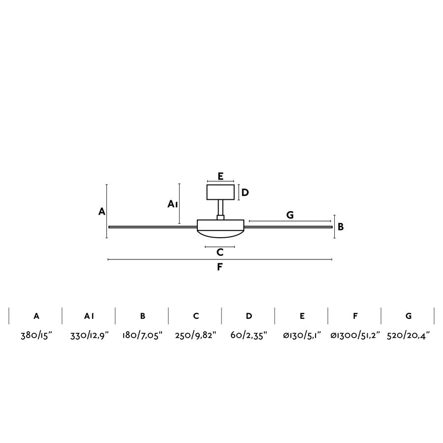 Diagrama de medidas del ventilador de techo Mallorca L blanco mate y arce de FARO (modelo 33350DCWW): dimensiones de aspas en plywood, diámetro, altura, motor DC y instalación sin luz para hogar con mando a distancia