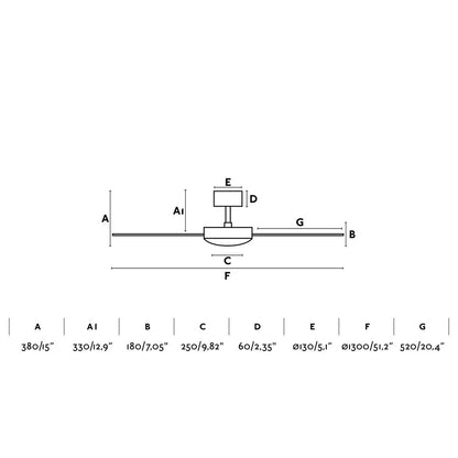 Diagrama de medidas del ventilador de techo Mallorca L blanco mate y arce de FARO (modelo 33350DCWW): dimensiones de aspas en plywood, diámetro, altura, motor DC y instalación sin luz para hogar con mando a distancia